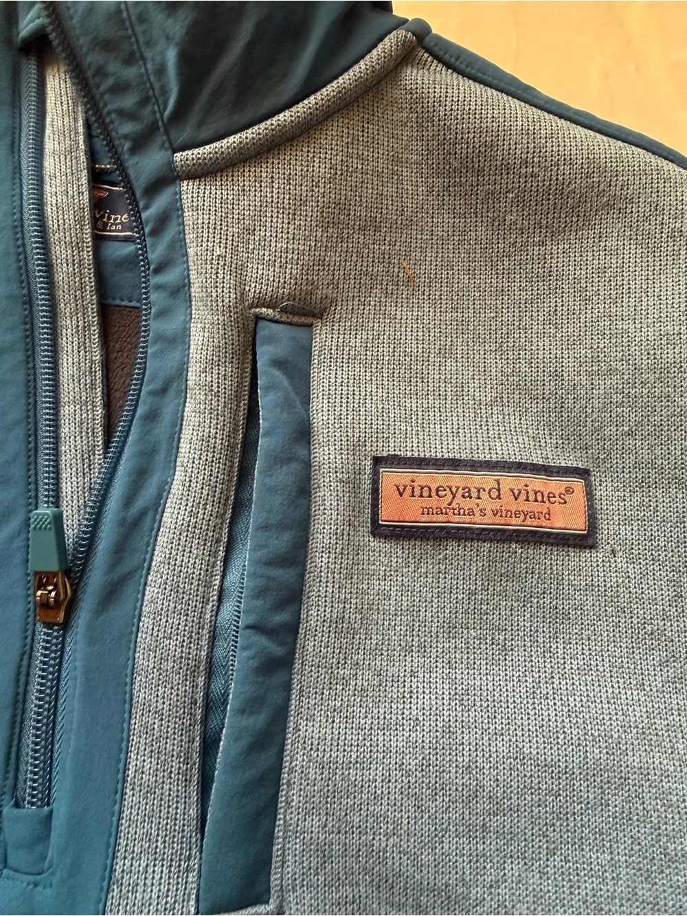 Vineyard Vines Blue Pullover with Blue Trim & Elbow Patches